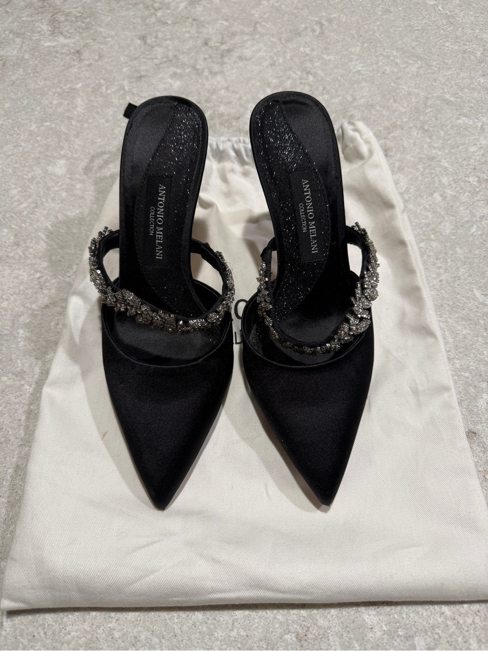 ANTONIO MELANI Black Satin Crystal-Embellished Pointed Mules
